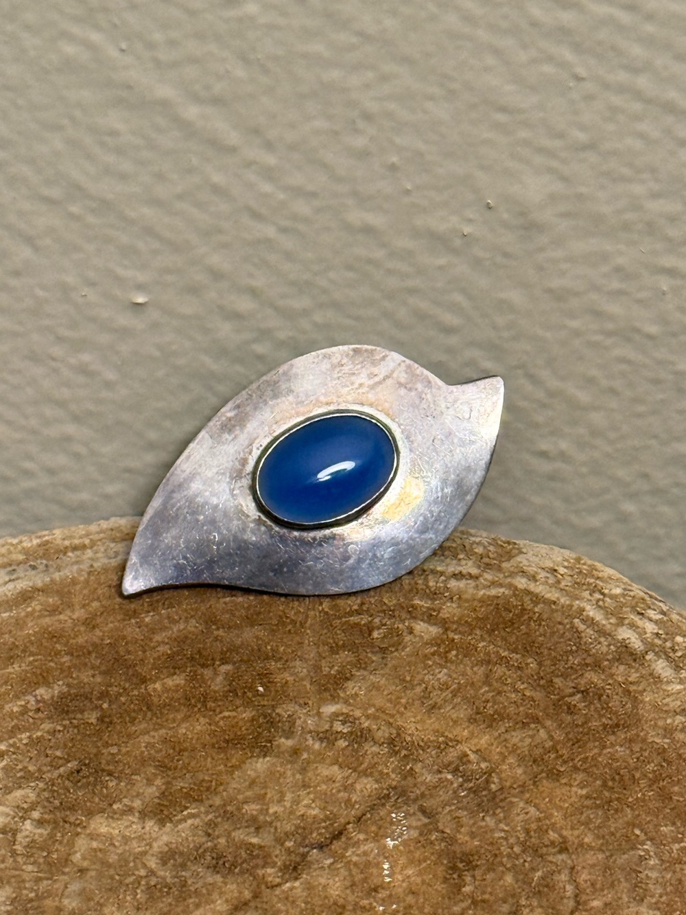 Vintage Mexican Sterling Silver 925 Leaf Blue Oval Stone Brooch Pin Modernist